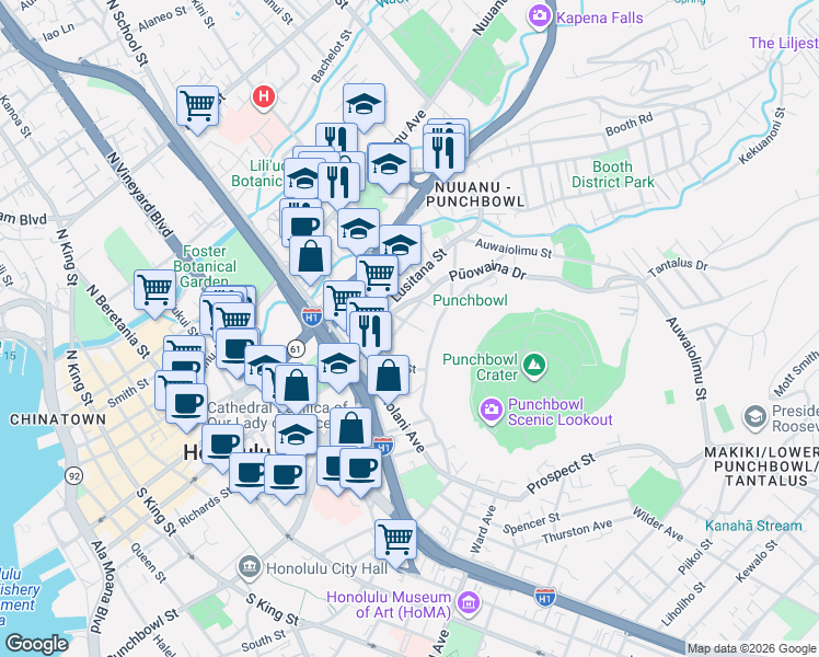 map of restaurants, bars, coffee shops, grocery stores, and more near 1712 Kamamalu Avenue in Honolulu
