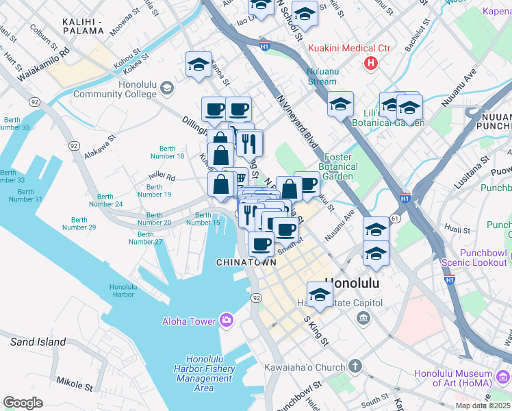 map of restaurants, bars, coffee shops, grocery stores, and more near 280 North King Street in Honolulu