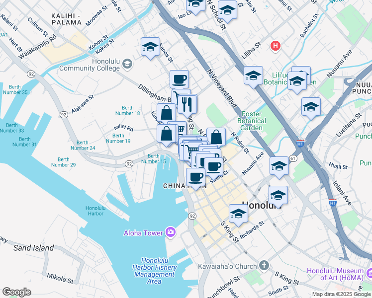 map of restaurants, bars, coffee shops, grocery stores, and more near 280 North King Street in Honolulu