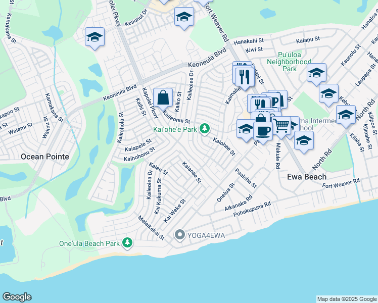 map of restaurants, bars, coffee shops, grocery stores, and more near 91-1145 Kaileolea Landscape Drive in Ewa Beach