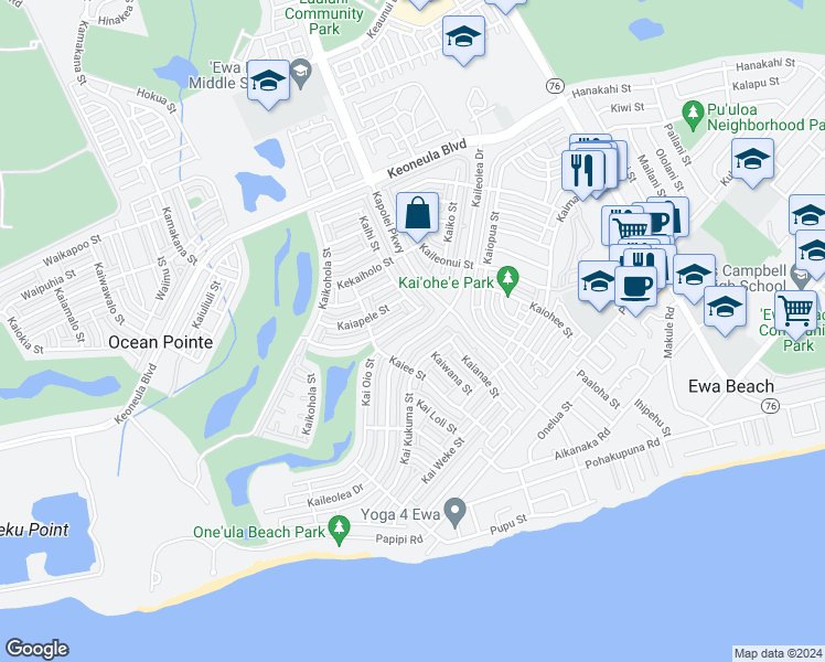 map of restaurants, bars, coffee shops, grocery stores, and more near 91-1011 Kaihohonu Street in Ewa Beach