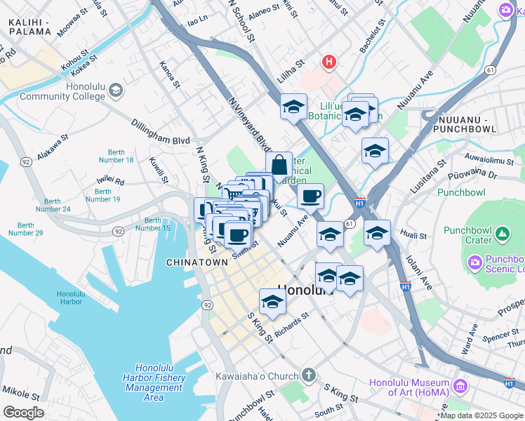 map of restaurants, bars, coffee shops, grocery stores, and more near 1226 College Walk in Honolulu