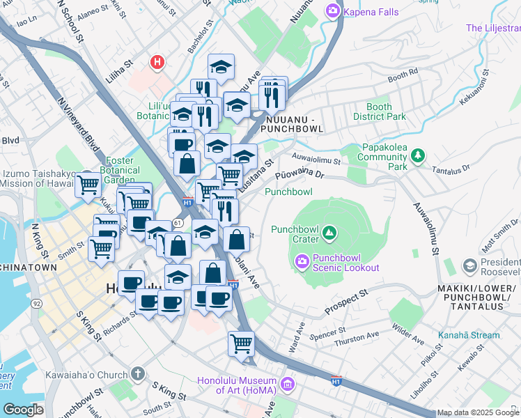 map of restaurants, bars, coffee shops, grocery stores, and more near 240 Madeira Street in Honolulu