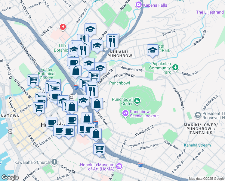 map of restaurants, bars, coffee shops, grocery stores, and more near 140 Prospect Street in Honolulu