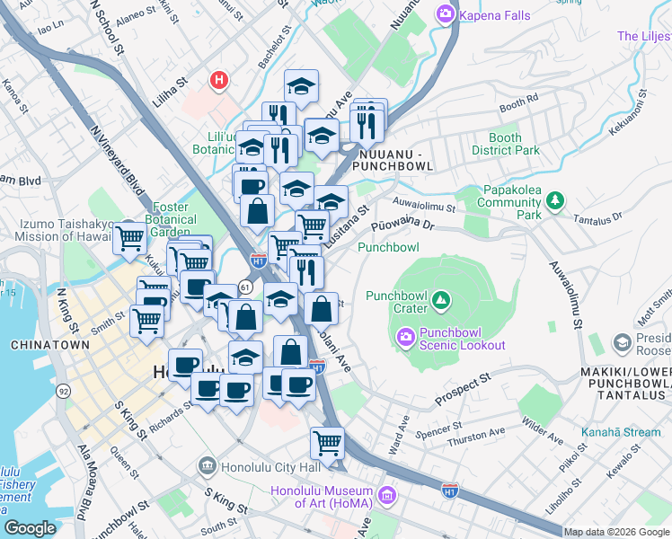 map of restaurants, bars, coffee shops, grocery stores, and more near 1712 Kamamalu Avenue in Honolulu