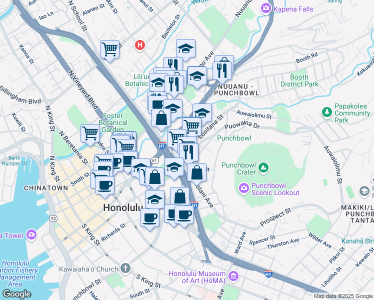 map of restaurants, bars, coffee shops, grocery stores, and more near 1664 Lusitana Street in Honolulu