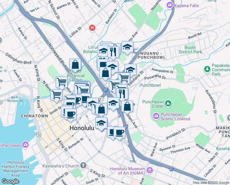 map of restaurants, bars, coffee shops, grocery stores, and more near 60 South School Street in Honolulu