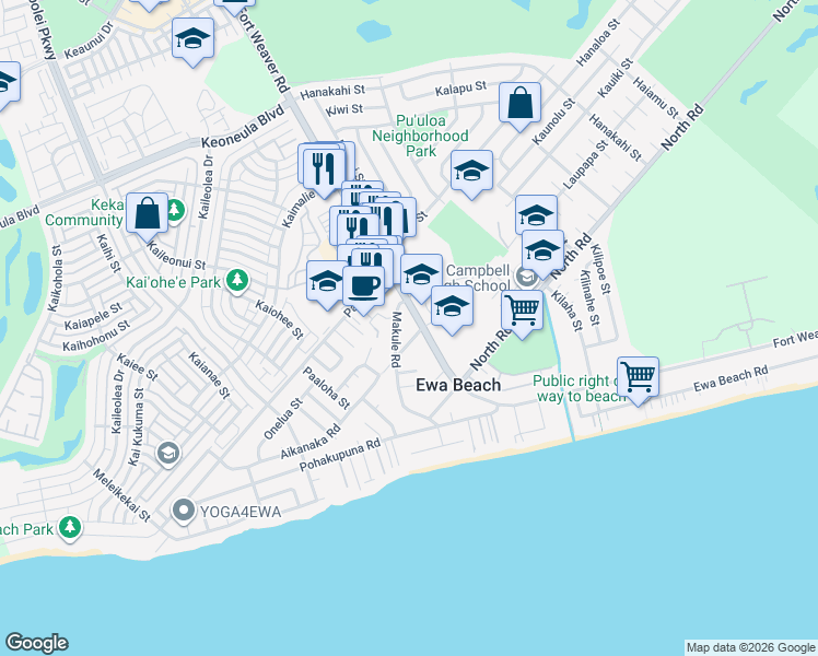 map of restaurants, bars, coffee shops, grocery stores, and more near 91-817 Fort Weaver Road in Ewa Beach