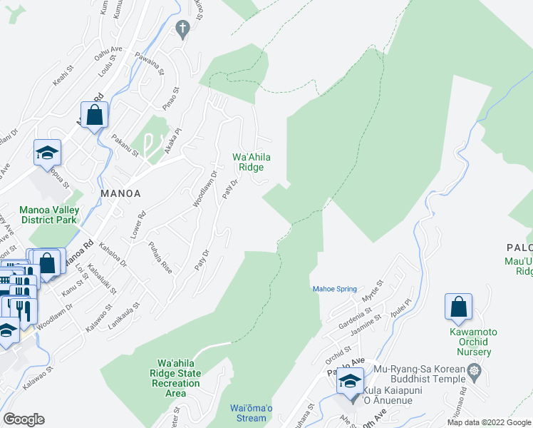 map of restaurants, bars, coffee shops, grocery stores, and more near 3473 Paty Drive in Honolulu