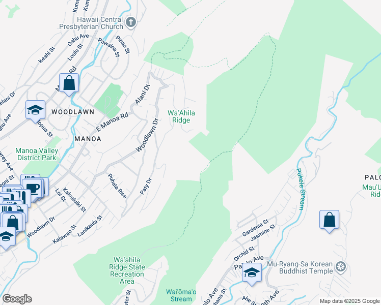 map of restaurants, bars, coffee shops, grocery stores, and more near 3473 Paty Drive in Honolulu