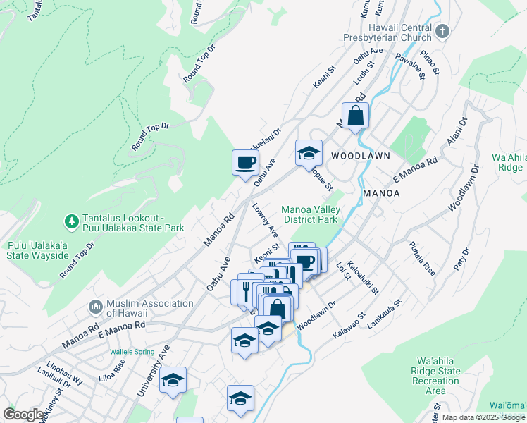 map of restaurants, bars, coffee shops, grocery stores, and more near 3023 Vista Place in Honolulu