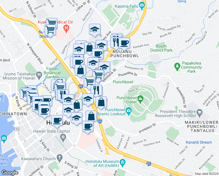 map of restaurants, bars, coffee shops, grocery stores, and more near 1712 Kamamalu Avenue in Honolulu