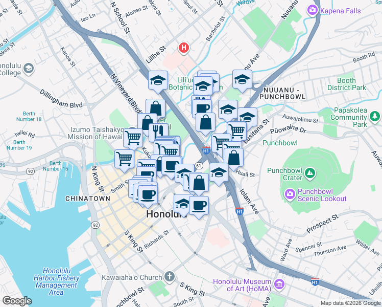 map of restaurants, bars, coffee shops, grocery stores, and more near 1519 Nuuanu Avenue in Honolulu