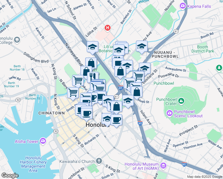 map of restaurants, bars, coffee shops, grocery stores, and more near 1519 Nuuanu Avenue in Honolulu