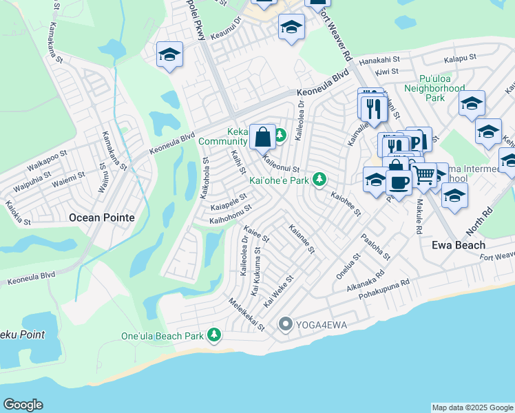 map of restaurants, bars, coffee shops, grocery stores, and more near 91-1025 Kaihohonu Street in Ewa Beach