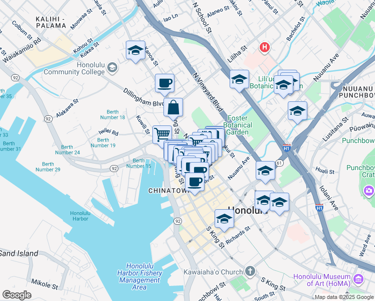 map of restaurants, bars, coffee shops, grocery stores, and more near 280 North King Street in Honolulu