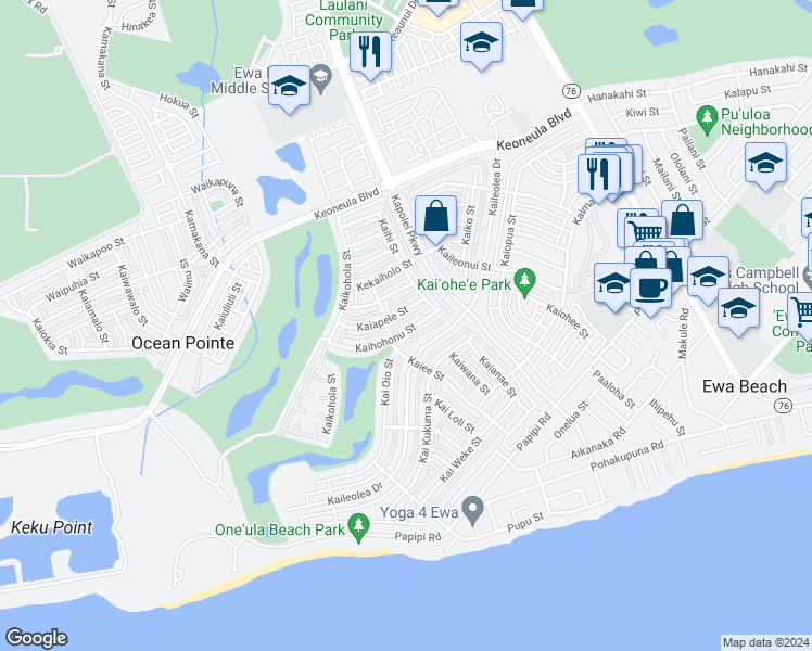map of restaurants, bars, coffee shops, grocery stores, and more near 91-1040 Kaihohonu Street in Ewa Beach
