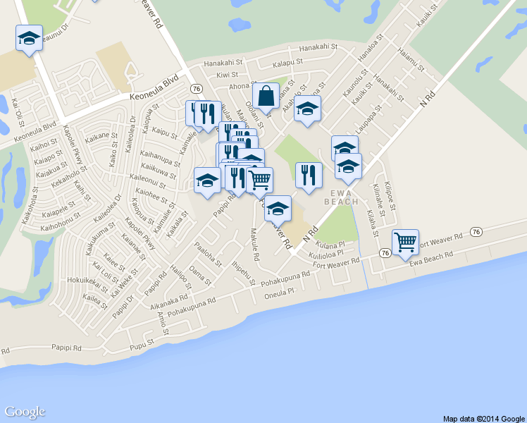 map of restaurants, bars, coffee shops, grocery stores, and more near 91-817 Fort Weaver Road in Ewa Beach