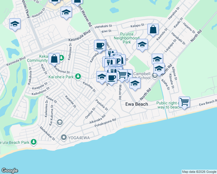map of restaurants, bars, coffee shops, grocery stores, and more near 91913 Papipi Road in Ewa Beach