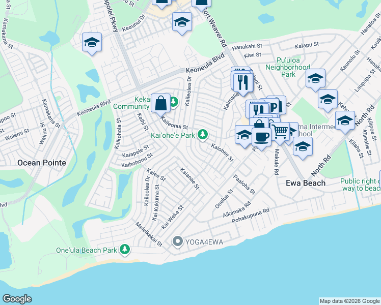 map of restaurants, bars, coffee shops, grocery stores, and more near 91-1145 Kaileolea Landscape Drive in Ewa Beach