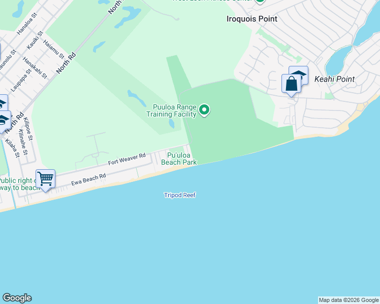 map of restaurants, bars, coffee shops, grocery stores, and more near 91-31 Popoi Place in Ewa Beach