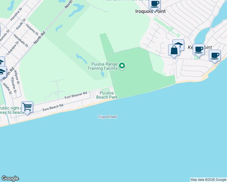 map of restaurants, bars, coffee shops, grocery stores, and more near 91-31 Popoi Place in Ewa Beach