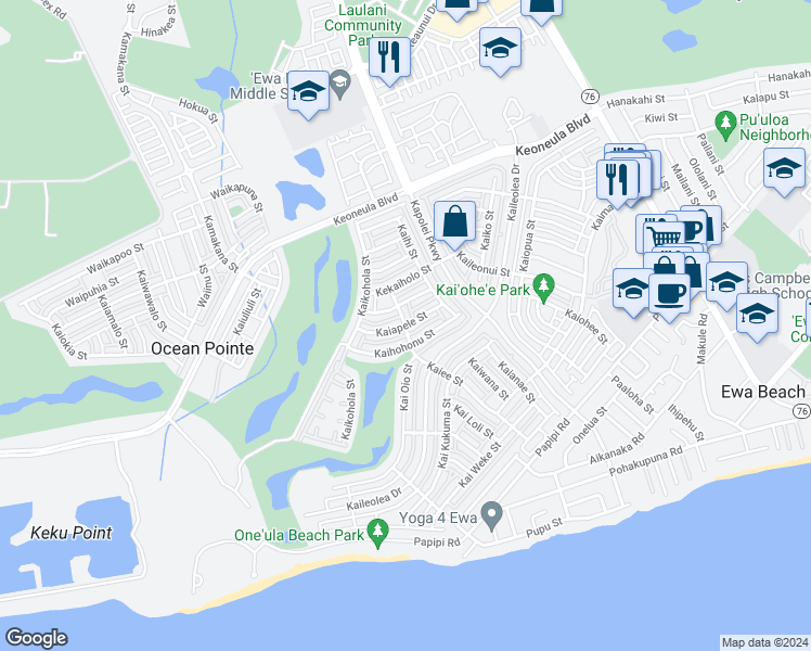 map of restaurants, bars, coffee shops, grocery stores, and more near Kaiapele Street in Ewa Beach