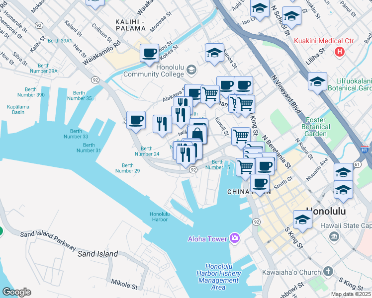 map of restaurants, bars, coffee shops, grocery stores, and more near 660 N Nimitz Hwy in Honolulu