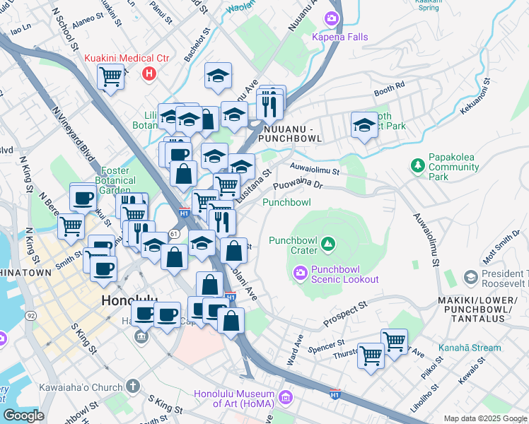 map of restaurants, bars, coffee shops, grocery stores, and more near 215 Azores Street in Honolulu