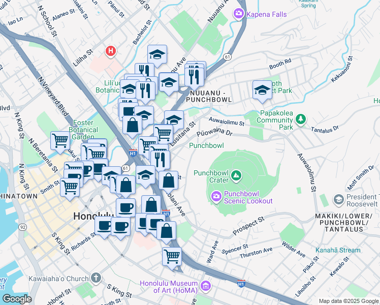 map of restaurants, bars, coffee shops, grocery stores, and more near 128 Prospect Street in Honolulu