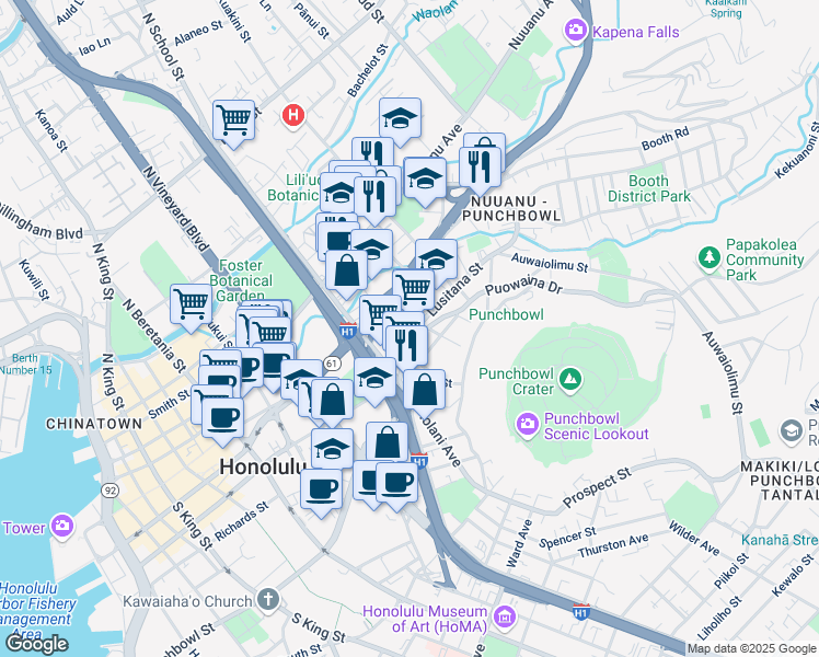 map of restaurants, bars, coffee shops, grocery stores, and more near 1664 Lusitana Street in Honolulu