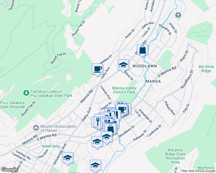 map of restaurants, bars, coffee shops, grocery stores, and more near 3023 Vista Place in Honolulu