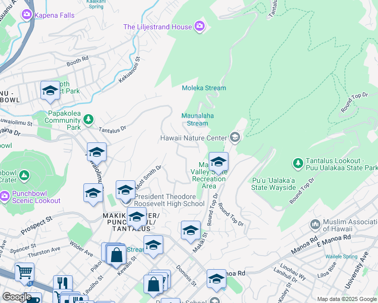 map of restaurants, bars, coffee shops, grocery stores, and more near 2655 Tantalus Drive in Honolulu