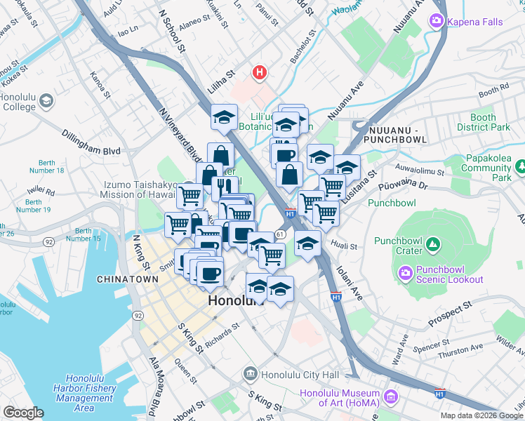 map of restaurants, bars, coffee shops, grocery stores, and more near 1515 Nuuanu Avenue in Honolulu