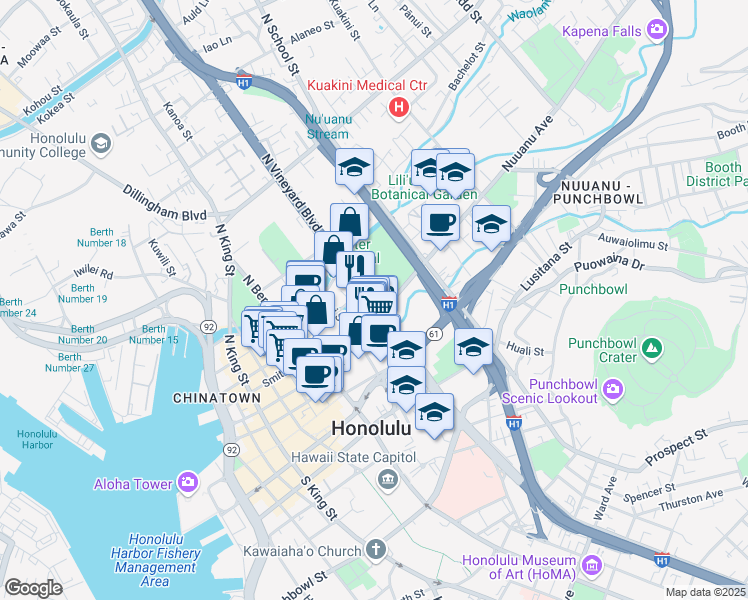 map of restaurants, bars, coffee shops, grocery stores, and more near 50 North Vineyard Boulevard in Honolulu