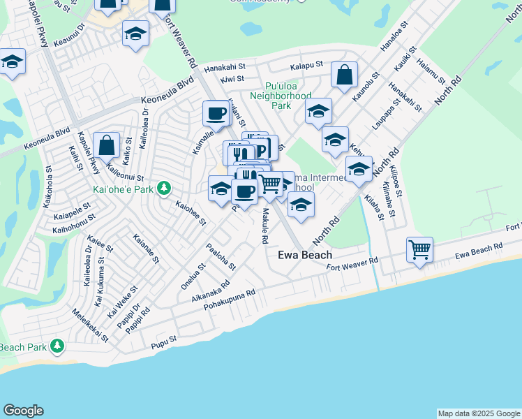 map of restaurants, bars, coffee shops, grocery stores, and more near 91-870 Makule Road in Ewa Beach