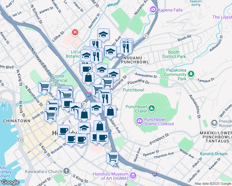 map of restaurants, bars, coffee shops, grocery stores, and more near 1712 Kamamalu Avenue in Honolulu