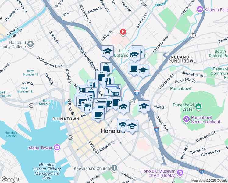 map of restaurants, bars, coffee shops, grocery stores, and more near 50 North Vineyard Boulevard in Honolulu