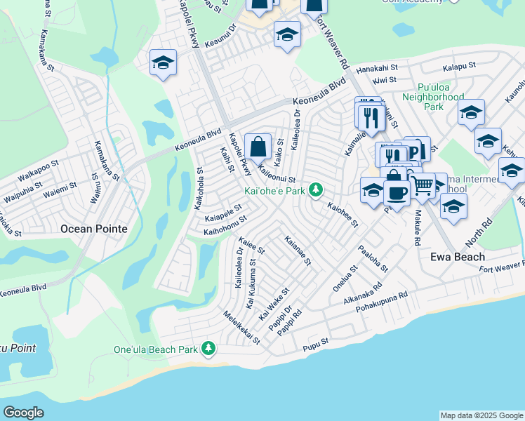 map of restaurants, bars, coffee shops, grocery stores, and more near 91-1011 Kaihohonu Street in Ewa Beach