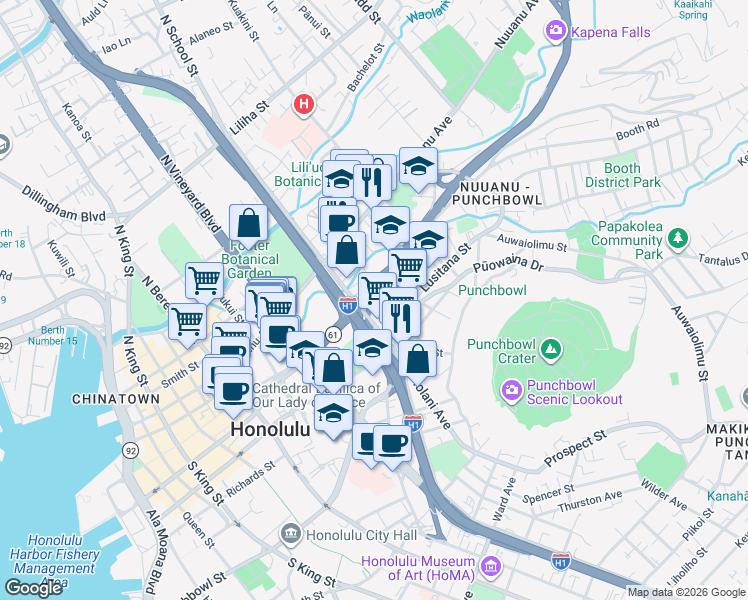 map of restaurants, bars, coffee shops, grocery stores, and more near 1633 Pali Highway in Honolulu