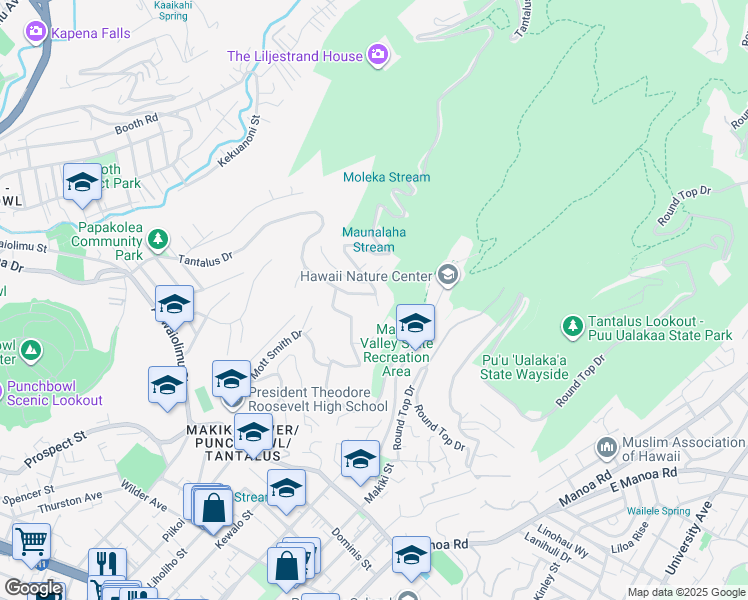 map of restaurants, bars, coffee shops, grocery stores, and more near 2655 Tantalus Drive in Honolulu