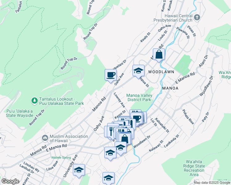 map of restaurants, bars, coffee shops, grocery stores, and more near 2985 Oahu Avenue in Honolulu