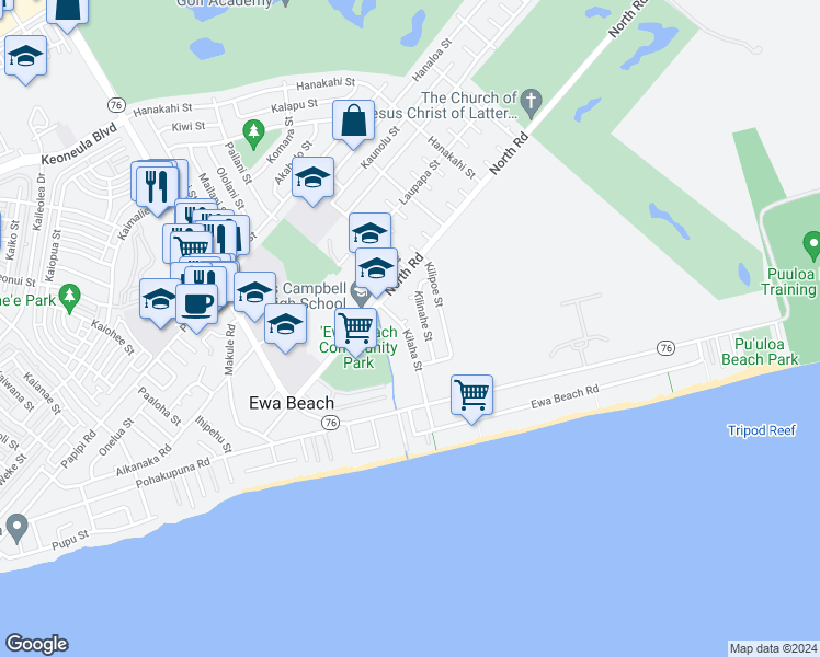 map of restaurants, bars, coffee shops, grocery stores, and more near 91-695 Kilaha Street in Ewa Beach