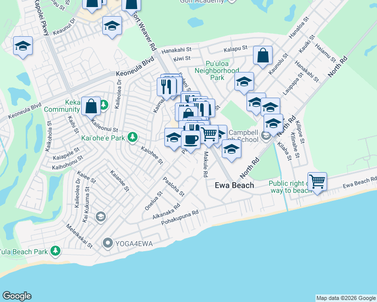 map of restaurants, bars, coffee shops, grocery stores, and more near 91913 Papipi Road in Ewa Beach