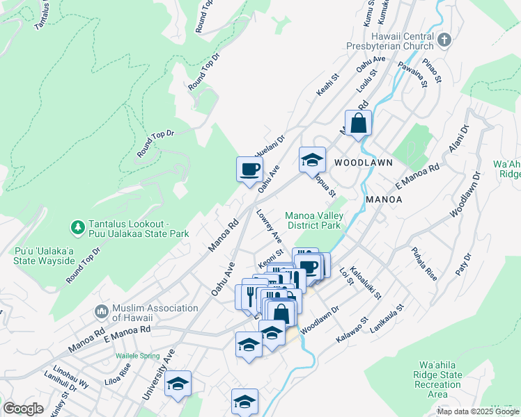 map of restaurants, bars, coffee shops, grocery stores, and more near 2985 Oahu Avenue in Honolulu