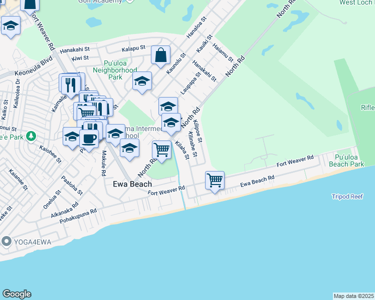 map of restaurants, bars, coffee shops, grocery stores, and more near 91-695 Kilaha Street in Ewa Beach