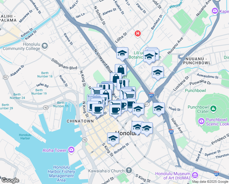 map of restaurants, bars, coffee shops, grocery stores, and more near 1315 River Street in Honolulu