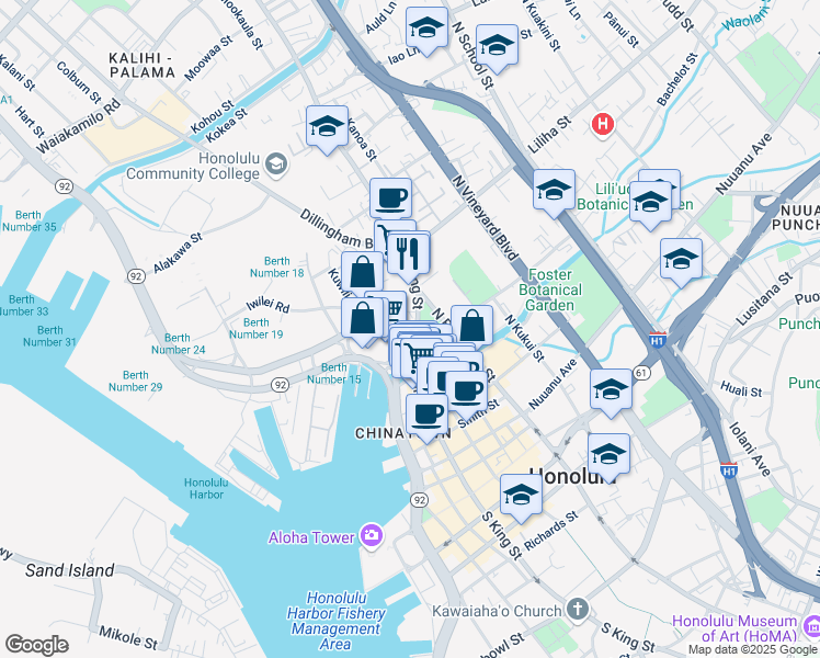map of restaurants, bars, coffee shops, grocery stores, and more near 333 North King Street in Honolulu