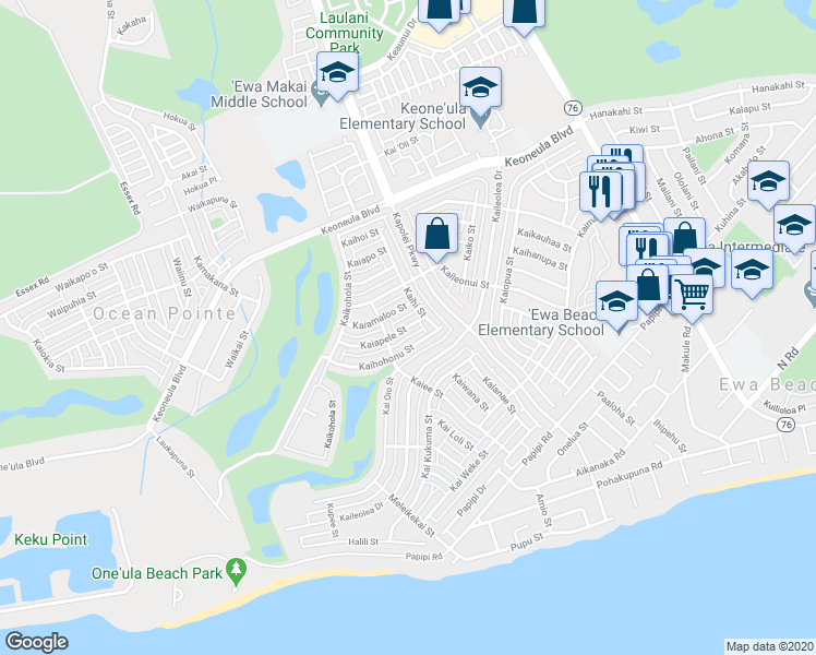 map of restaurants, bars, coffee shops, grocery stores, and more near 91-1021 Kaiapele Street in Ewa Beach