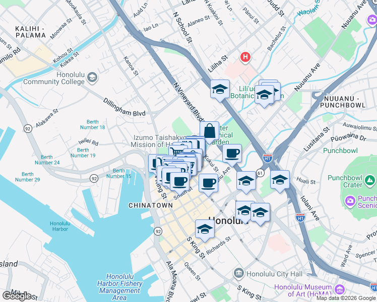 map of restaurants, bars, coffee shops, grocery stores, and more near 1226 College Walk in Honolulu